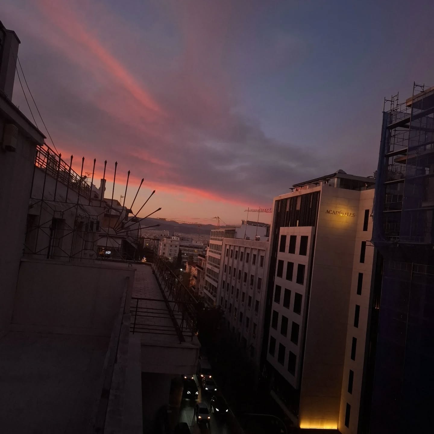 Autumn sunset city view from high floor